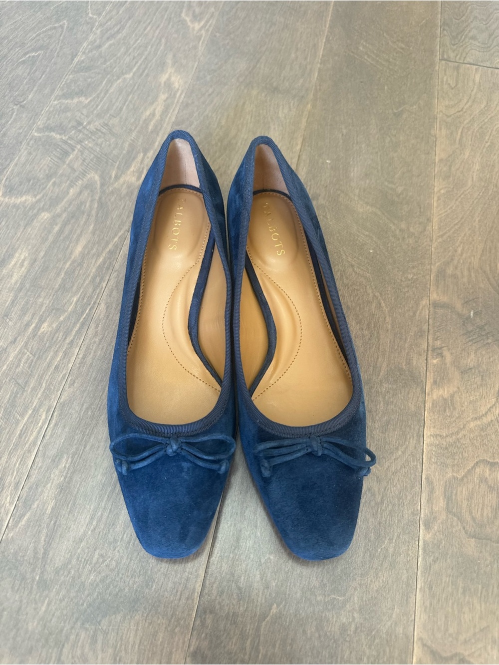 Navy Suede Square-Toe Ballet Flats with Bow